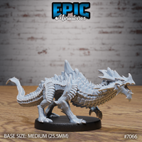 Obsidian Guard Drake Roar by Epic Miniatures — four-legged drake facing right, jaws open wide in a roar, tall dorsal fin along the spine, heavily scaled body in an aggressive forward stance on a plain round base.