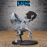 Centaur vampire miniature rearing upward with broad bat wings fully spread, clawed hands outstretched and tongue bared in a snarl, wearing layered armour with skull bracers. By Epic Miniatures.