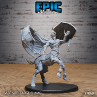 Centaur vampire miniature rearing upward with broad bat wings fully spread, clawed hands outstretched and tongue bared in a snarl, wearing layered armour with skull bracers. By Epic Miniatures.