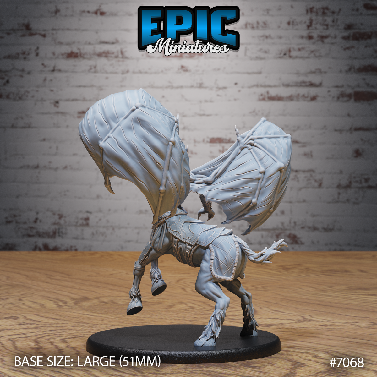 Centaur vampire miniature seen from behind showing the full span of both ribbed bat wings, scaled flank barding with quilted detail, and a whip-like tail. By Epic Miniatures.