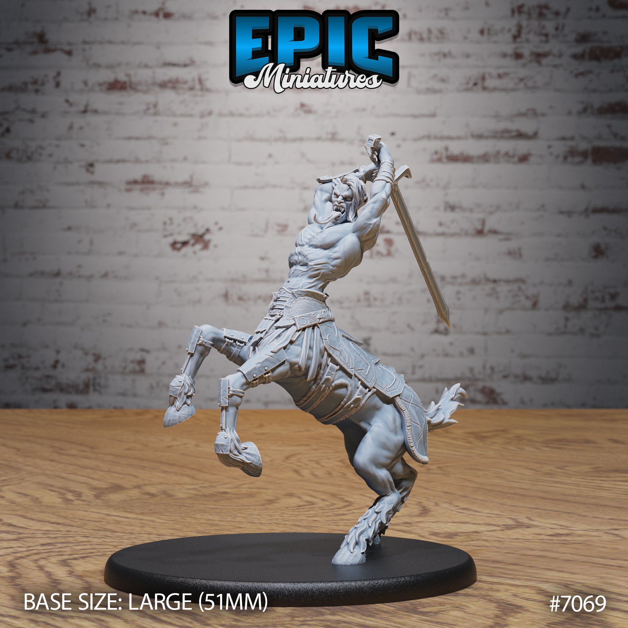 Rearing centaur vampire miniature with muscular bare torso, raising a broad greatsword overhead in both hands, wearing engraved equine barding and armoured greaves. Sculpt by Epic Miniatures.