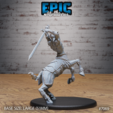 Centaur vampire miniature seen from behind and left, showing diamond-etched flank barding, feathered hooves, decorated belt, and greatsword raised in a two-handed overhead strike. Sculpt by Epic Miniatures.