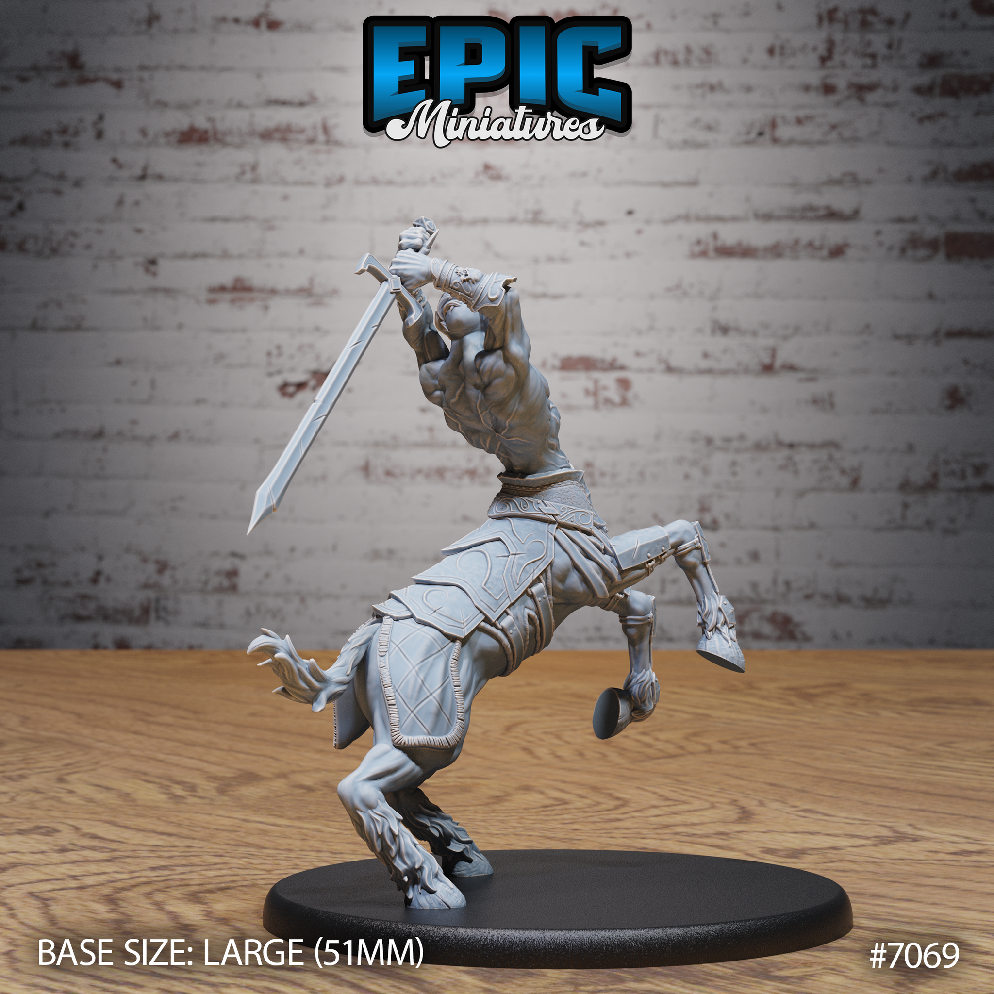 Centaur vampire miniature seen from behind and left, showing diamond-etched flank barding, feathered hooves, decorated belt, and greatsword raised in a two-handed overhead strike. Sculpt by Epic Miniatures.