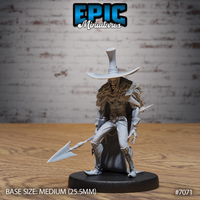 Gaunt robed figure seated on a rock, holding a long spear-halberd downward, one clawed hand extended outward, wearing a wide-brimmed tall hat and tattered fur cloak. Grave Digger by Epic Miniatures.
