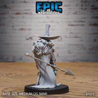 Wide-brimmed tall hat and voluminous tattered robe viewed from behind, spear-halberd angled outward, long matted hair visible beneath the hat, skeletal bony hands and armoured boots. Grave Digger by Epic Miniatures.