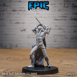 Gaunt bare-chested male figure lunging forward with both arms raised overhead gripping a long-handled hammer, wearing a tattered cloak and shin armour, hollow-faced with visible aged features. Sculpt by Epic Miniatures.