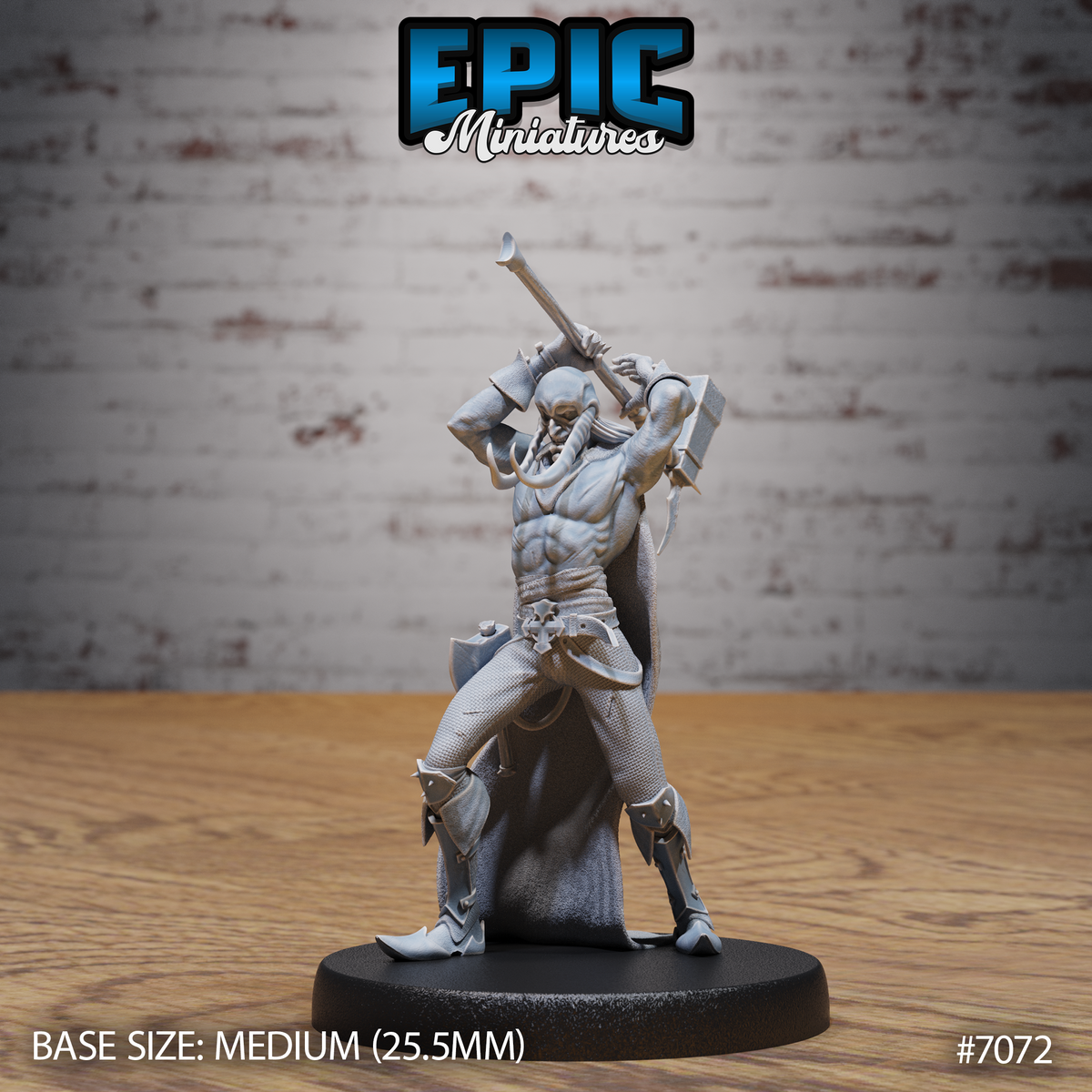 Gaunt bare-chested male figure lunging forward with both arms raised overhead gripping a long-handled hammer, wearing a tattered cloak and shin armour, hollow-faced with visible aged features. Sculpt by Epic Miniatures.