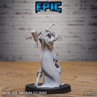 Rear view of a gaunt male figure mid-overhead swing with a long-handled mallet, showing long white hair streaming down and a broad flowing cloak billowing behind armoured legs. Sculpt by Epic Miniatures.
