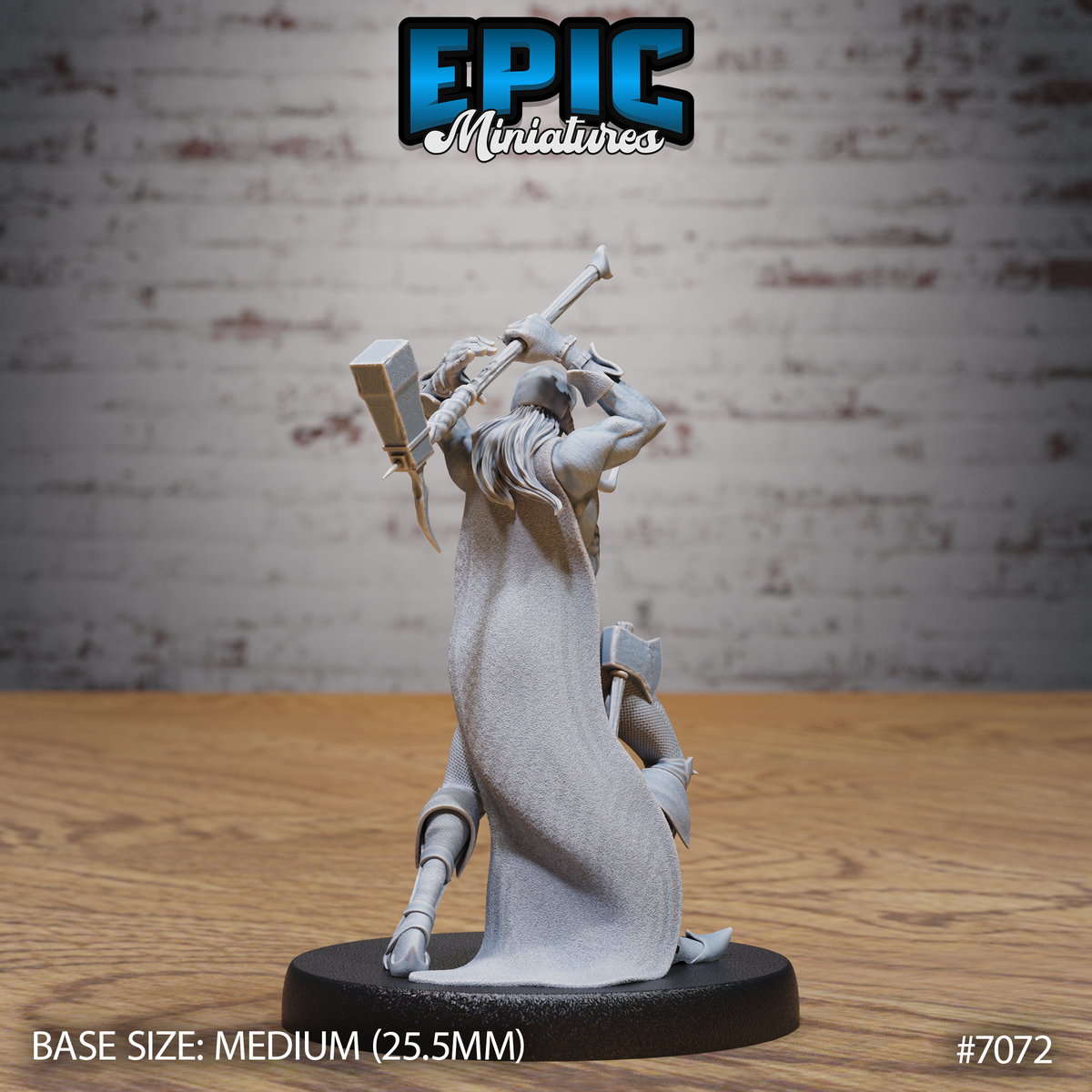 Rear view of a gaunt male figure mid-overhead swing with a long-handled mallet, showing long white hair streaming down and a broad flowing cloak billowing behind armoured legs. Sculpt by Epic Miniatures.