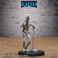 Gaunt, top-hatted grave digger leaning on a long ceremonial shovel planted in a skull-strewn earth base, wearing layered tattered clothing, a chest medallion, and a holstered pistol. Sculpt by Epic Miniatures.