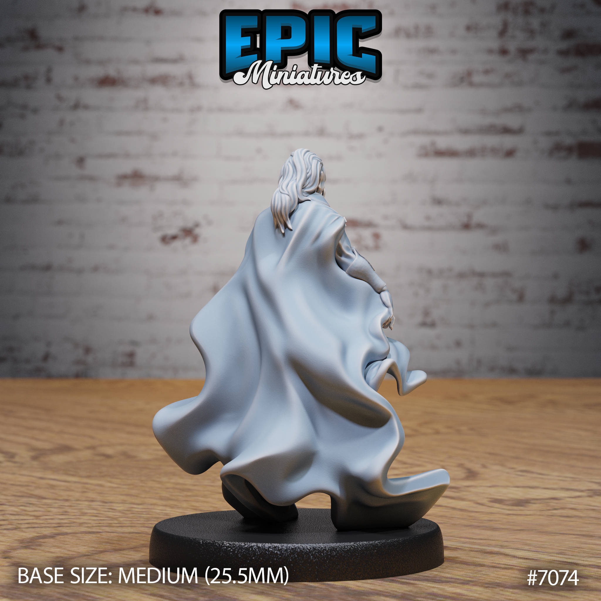 Vampire sorcerer seen from behind, long hair falling over a sweeping full-length cloak with deep, flowing folds that trail across the base. Sculpt by Epic Miniatures.