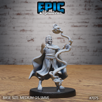 Bearded male vampire sorcerer standing wide-legged with both arms raised, a thick coiling tendril of shadow energy spiralling upward from his hands into a roiling cloud. Long billowing cloak and fitted coat. Sculpt by Epic Miniatures.