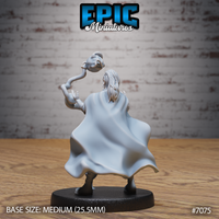 Vampire blood sorcerer viewed from behind, long hair flowing, voluminous cloak sweeping outward, one arm raised with a coiling magical tendril rising above. Plain round base. Sculpt by Epic Miniatures.