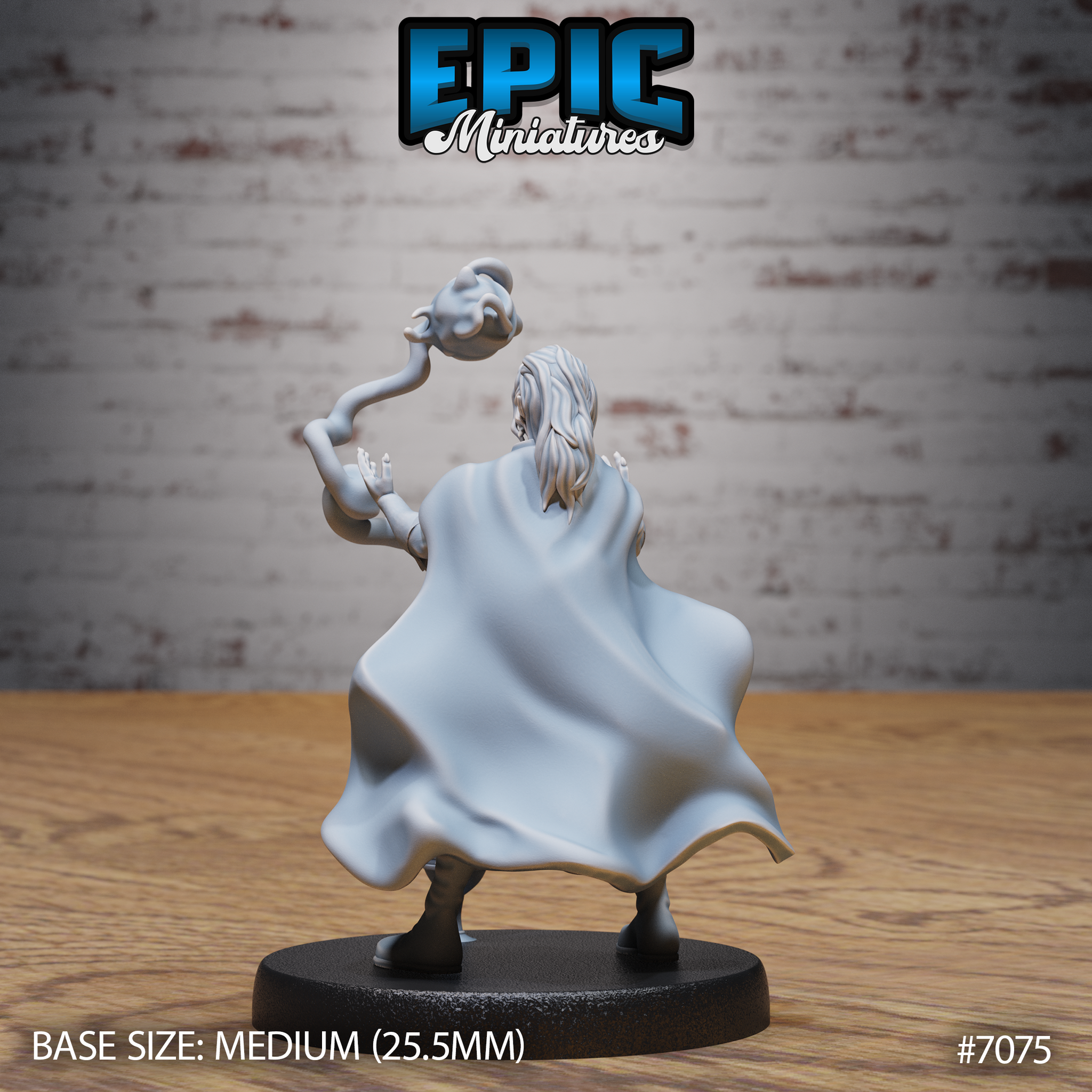 Vampire blood sorcerer viewed from behind, long hair flowing, voluminous cloak sweeping outward, one arm raised with a coiling magical tendril rising above. Plain round base. Sculpt by Epic Miniatures.