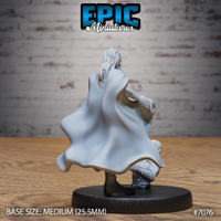 Vampire sorcerer seen from behind, cape dramatically swept wide, long hair flowing down his back, with a crouching figure visible at the base between his feet. Sculpt by Epic Miniatures.