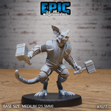 Bat folk warrior miniature wielding two warhammers, leaning forward in a charging stance, wearing chainmail and plate armour with rope-wrapped hammer hafts and a long scaled tail curving behind.