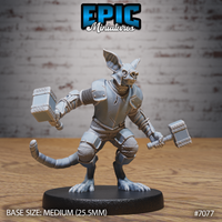 Bat folk warrior miniature wielding two warhammers, leaning forward in a charging stance, wearing chainmail and plate armour with rope-wrapped hammer hafts and a long scaled tail curving behind.