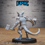 Bat folk warrior miniature seen from behind, showing chainmail back plate, reinforced shoulder armour, rope-bound warhammer in right hand raised, and a segmented scaled tail sweeping out to the left.