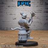 Bat Folk Bard miniature by Epic Miniatures — rear view showing a rope guitar strap across the quilted back, a long thin tail, and a small tap fitted to the back of the barrel.