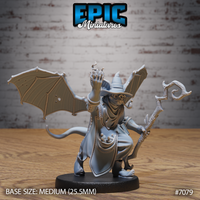 Bat folk wizard miniature crouching with one clawed hand raised palm-forward and the other gripping a twisted arcane staff, wearing a wide-brimmed hat and long coat with vials, broad leathery wings spread wide. Sculpt by Epic Miniatures.