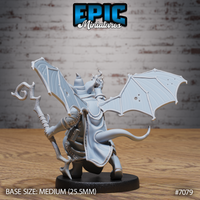 Bat folk wizard miniature seen from behind, broad veined leathery wings fully extended, twisted staff visible over one shoulder, wide-brimmed hat and long flowing coat with a curling tail below. Sculpt by Epic Miniatures.
