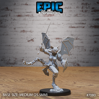 Bat-folk female warrior mid-lunge, sword raised overhead and embossed round shield on left arm, leathery bat wings spread wide behind her, tail extended, armour with layered panels, fanged expression. Sculpt by Epic Miniatures.