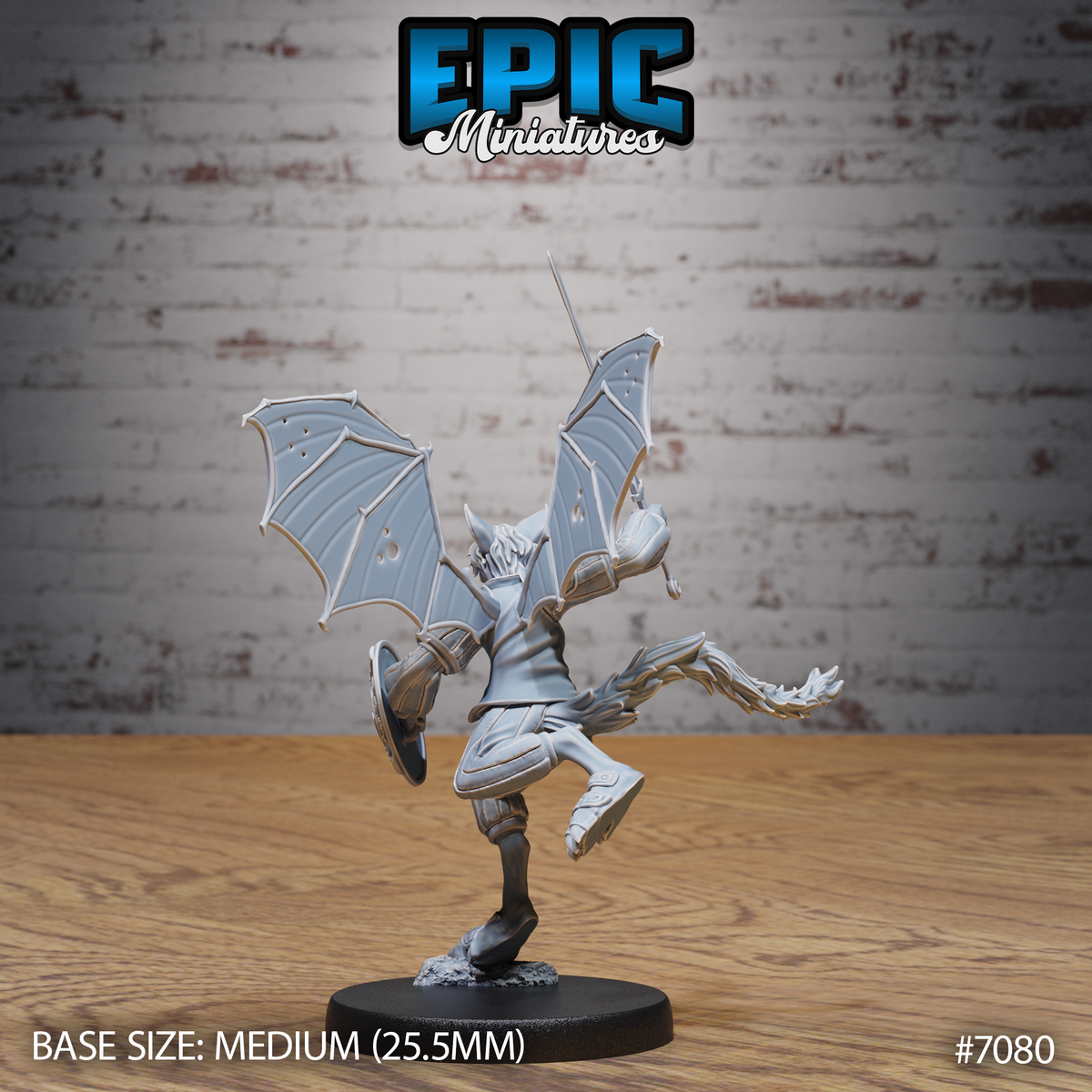 Bat-folk female warrior seen from behind, both leathery wings fully spread showing detailed vein work and small tears, sword thrust upward, round shield visible at side, dynamic raised-leg stance. Sculpt by Epic Miniatures.