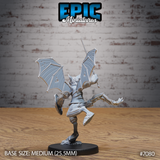 Bat-folk female warrior seen from behind, both leathery wings fully spread showing detailed vein work and small tears, sword thrust upward, round shield visible at side, dynamic raised-leg stance. Sculpt by Epic Miniatures.