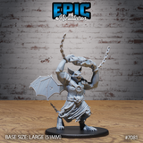 Bat Folk Brute by Epic Miniatures — snarling winged humanoid crouched low, raising a chained boulder overhead in both arms, with one leathery wing spread wide and a skull belt buckle at its waist.