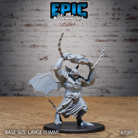 Bat Folk Brute by Epic Miniatures — snarling winged humanoid crouched low, raising a chained boulder overhead in both arms, with one leathery wing spread wide and a skull belt buckle at its waist.