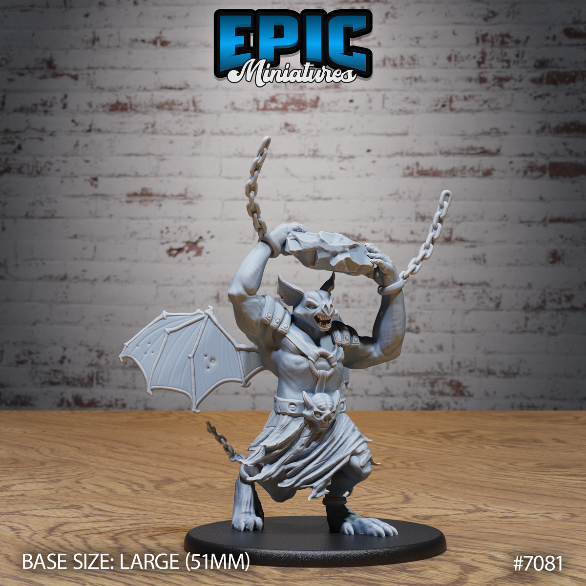 Bat Folk Brute by Epic Miniatures — snarling winged humanoid crouched low, raising a chained boulder overhead in both arms, with one leathery wing spread wide and a skull belt buckle at its waist.