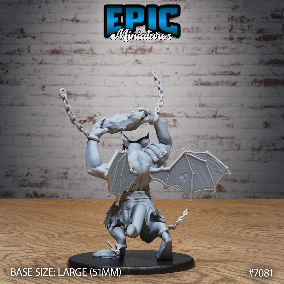 Bat Folk Brute by Epic Miniatures — rear view of the same sculpt showing both leathery bat wings fully spread, heavy chain links trailing from the ankle, and detailed leather chest strapping across the back.