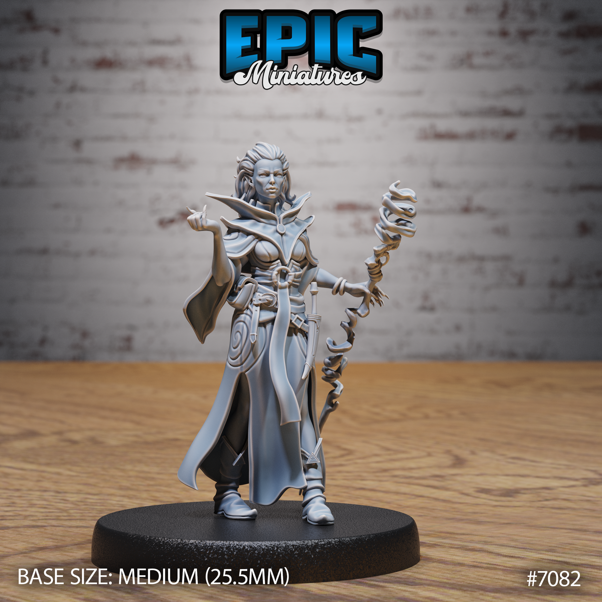Female vampire sorceress raising one finger in a commanding gesture, staff in her other hand wreathed in twisting arcane energy, wearing a high-collared flowing coat and arcane medallion. Sculpt by Epic Miniatures.