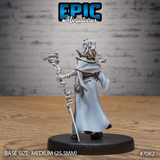 Female vampire sorceress seen from behind, long curly hair and billowing robes visible, holding a gnarled staff coiled with jagged magical energy tendrils, a short blade at her hip. Sculpt by Epic Miniatures.