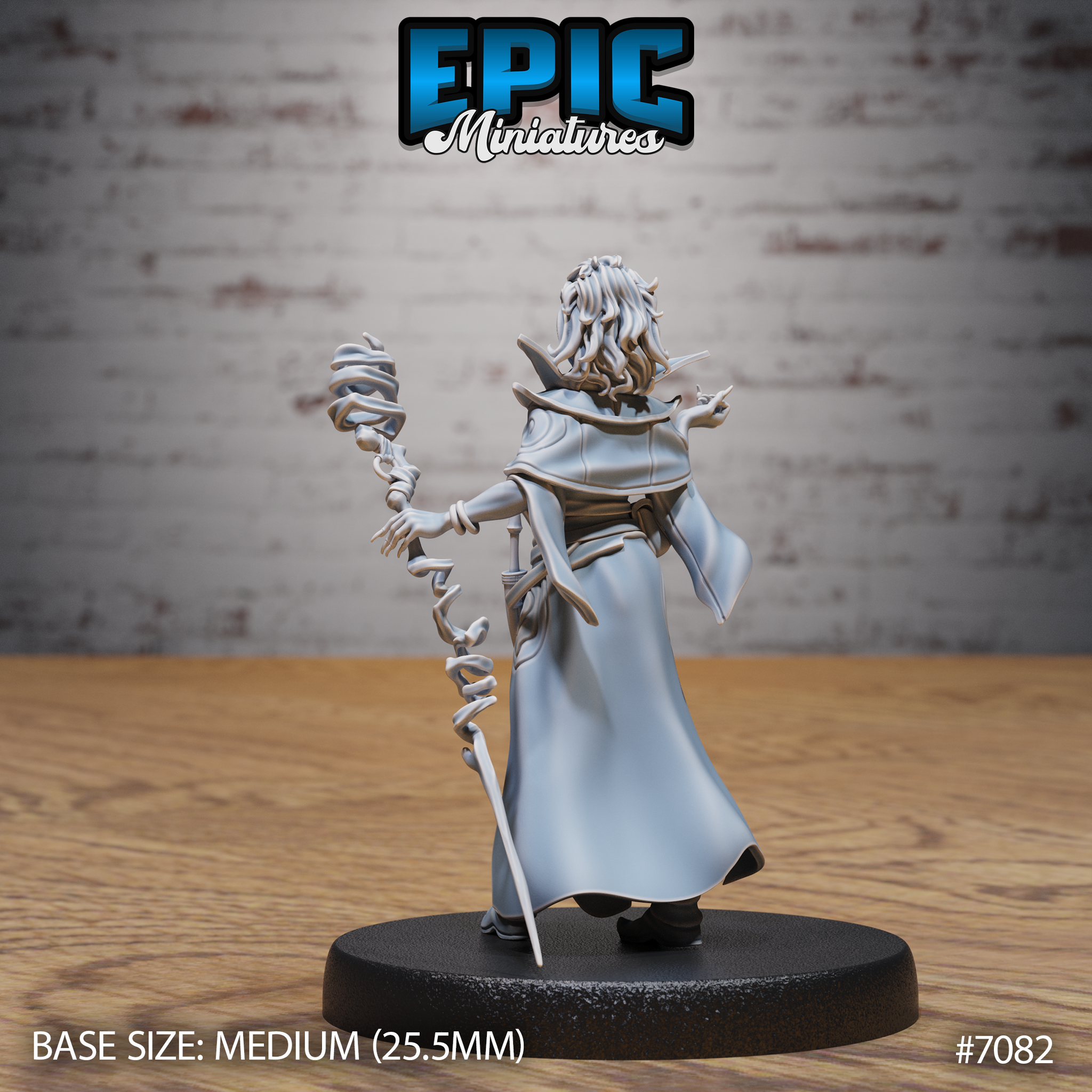 Female vampire sorceress seen from behind, long curly hair and billowing robes visible, holding a gnarled staff coiled with jagged magical energy tendrils, a short blade at her hip. Sculpt by Epic Miniatures.