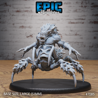 Were Spider by Epic Miniatures: snarling humanoid torso with wild mane and multiple clawed arms rising above a bulbous spider abdomen, eight barbed legs splayed wide on a 51mm round base.