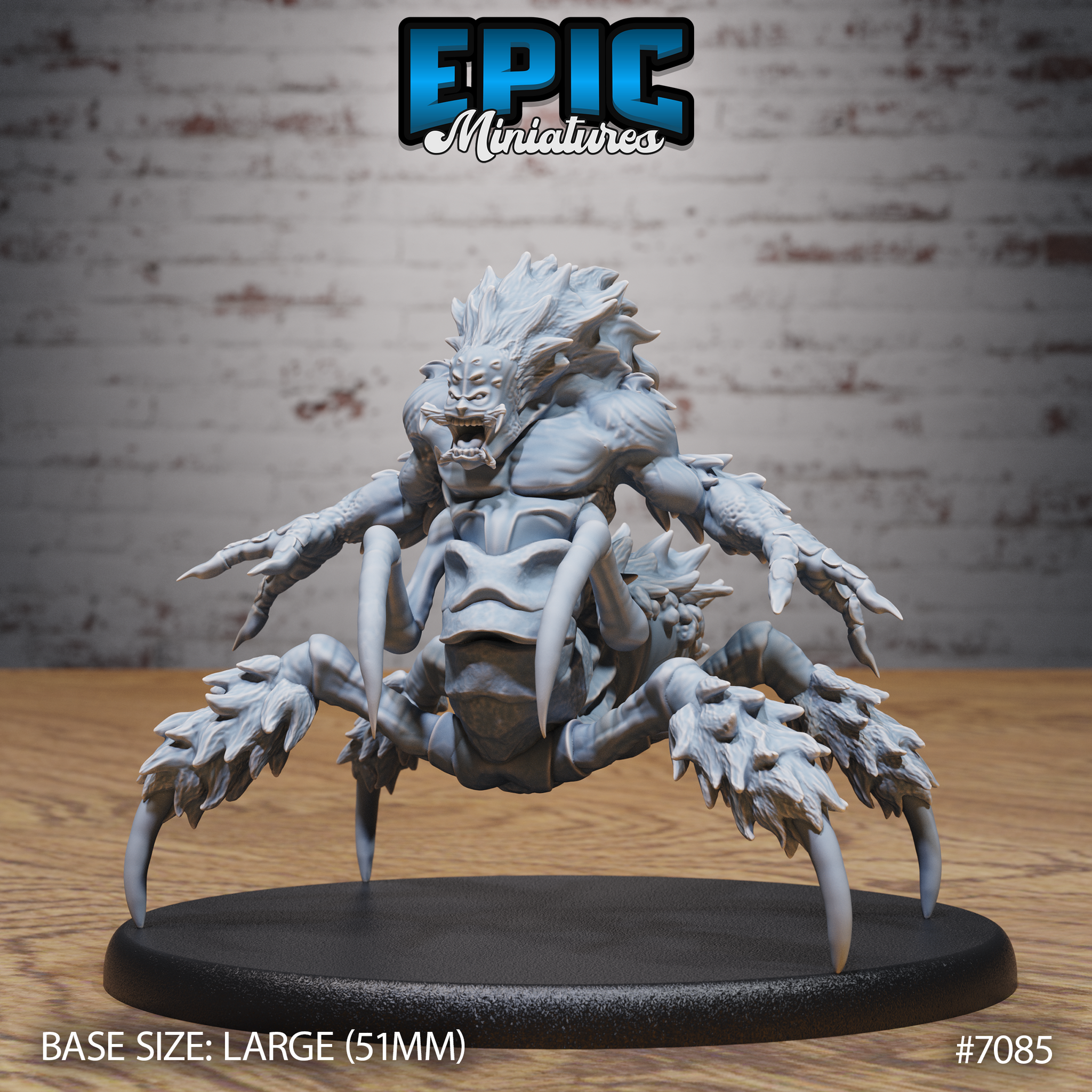 Were Spider by Epic Miniatures: snarling humanoid torso with wild mane and multiple clawed arms rising above a bulbous spider abdomen, eight barbed legs splayed wide on a 51mm round base.