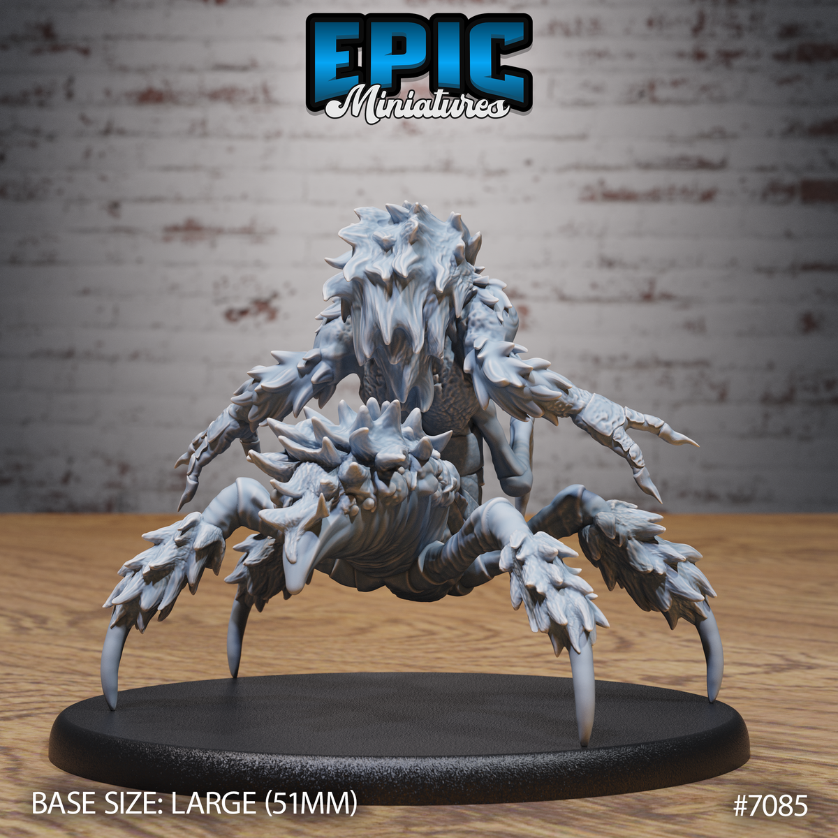 Were Spider by Epic Miniatures: rear view showing the creature's bristled spider legs, segmented chitin plating, coarse fur texture across the abdomen and back, clawed limbs reaching outward on a large round base.