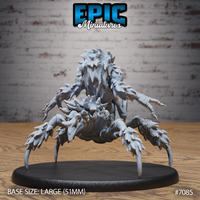 Were Spider by Epic Miniatures: rear view showing the creature's bristled spider legs, segmented chitin plating, coarse fur texture across the abdomen and back, clawed limbs reaching outward on a large round base.