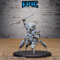Werespider warrior with wild mane and snarling expression, thrusting a gnarled spear overhead with one arm while gripping a hook weapon, fused to a large spider body with bristled, splayed legs. Sculpt by Epic Miniatures.