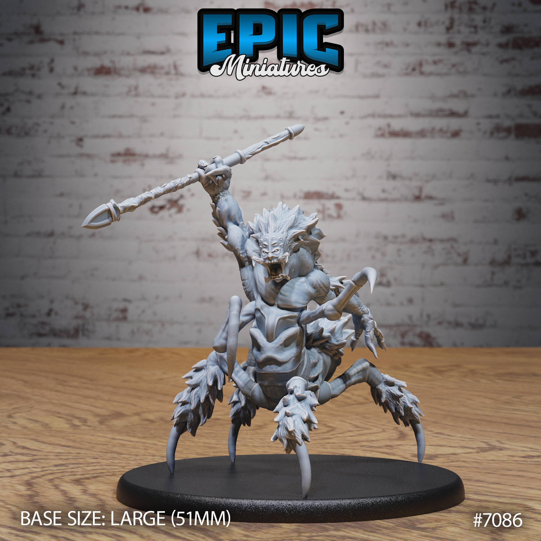 Werespider warrior with wild mane and snarling expression, thrusting a gnarled spear overhead with one arm while gripping a hook weapon, fused to a large spider body with bristled, splayed legs. Sculpt by Epic Miniatures.