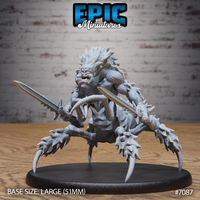 Were Spider Swords by Epic Miniatures — snarling humanoid torso with wild mane fused to a spider abdomen, wielding two serrated swords, multiple clawed legs, large 51mm base.