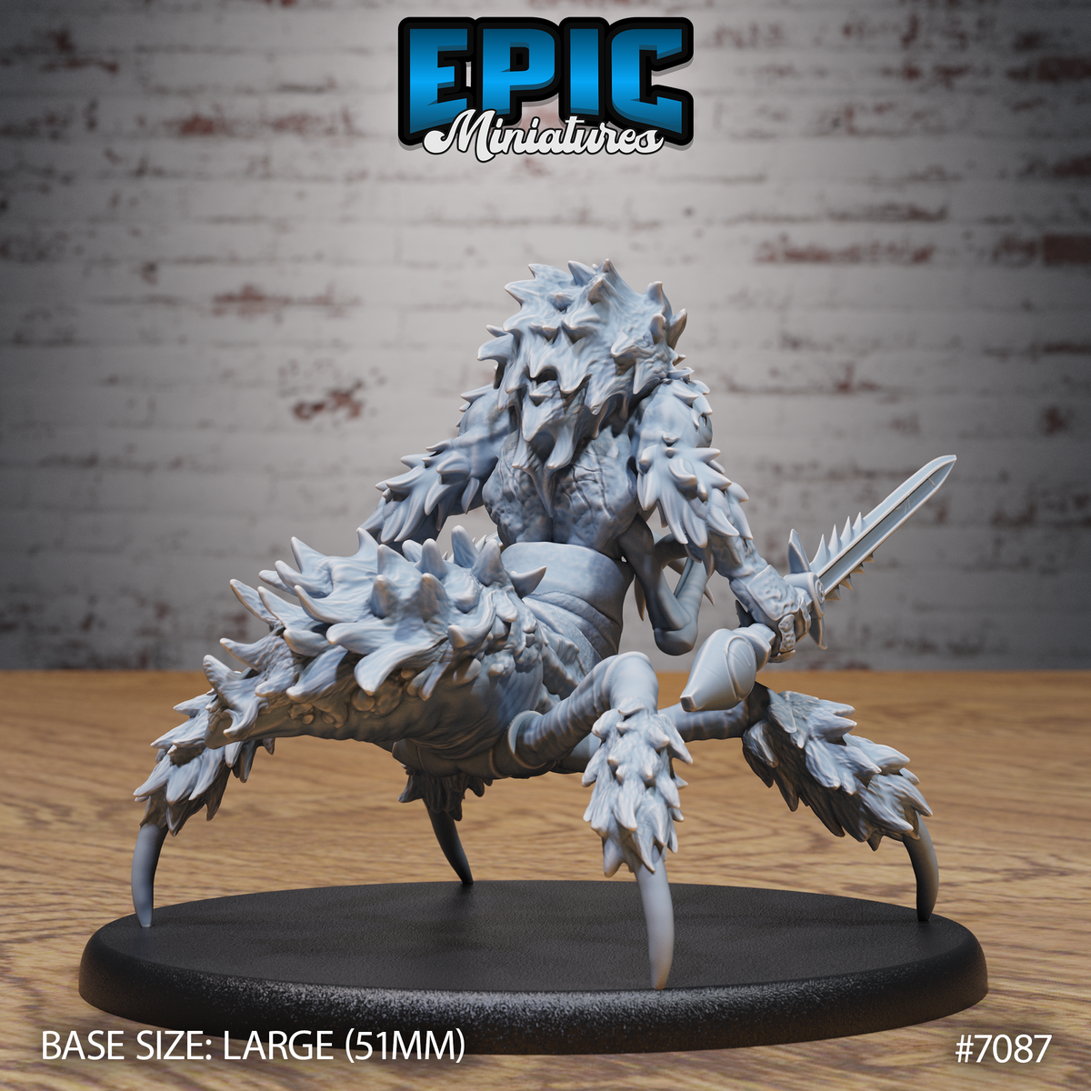 Were Spider Swords by Epic Miniatures — rear three-quarter view showing spined carapace abdomen, heavily furred legs with curved talons, one sword raised, bristling scaled back detail.