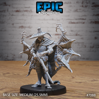 Vampire Hunter miniature facing forward, holding a crossbow across his body and a drawn sword, wearing quilted armour and a wide-brimmed hat with flowing long hair. Large bat wings with clawed fingers spread behind him. Sculpt by Epic Miniatures.