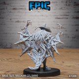 Vampire Hunter miniature seen from behind, revealing the full expanse of membranous bat wings with bony clawed tips and eye-like textures. Long flowing hair cascades over the wing structure. Wide-brimmed hat visible at the top. Sculpt by Epic Miniatures.
