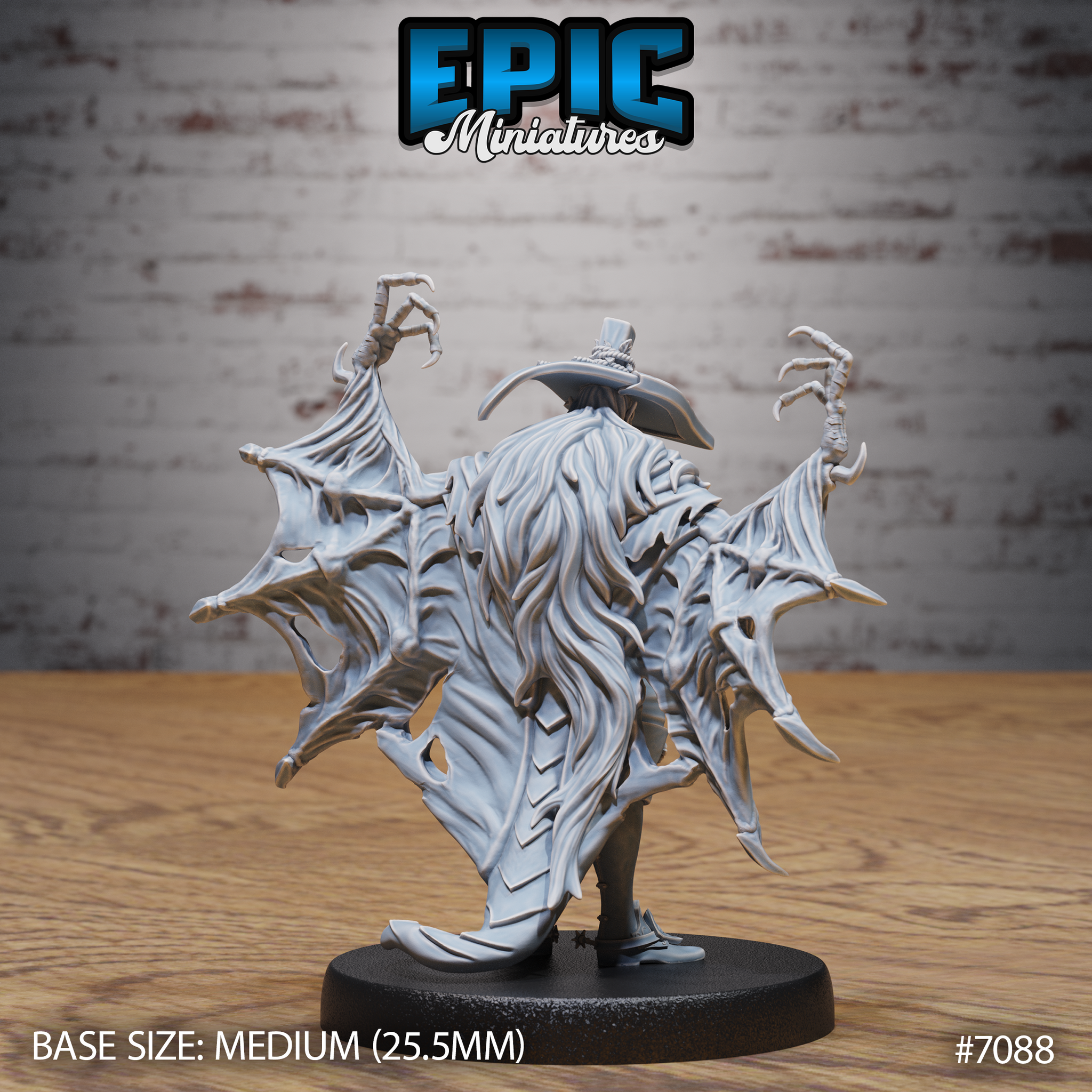 Vampire Hunter miniature seen from behind, revealing the full expanse of membranous bat wings with bony clawed tips and eye-like textures. Long flowing hair cascades over the wing structure. Wide-brimmed hat visible at the top. Sculpt by Epic Miniatures.
