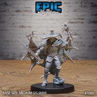 Long-haired vampire hunter in wide-brimmed hat and quilted doublet, wielding a shortsword and gnarled staff, with large spiked bat-wings erupting from his back. Sculpt by Epic Miniatures.