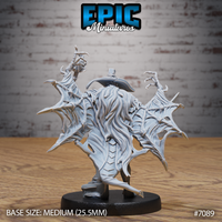 Vampire hunter miniature seen from behind, bat-wings spread wide with ribbed membranes and claw-tipped spines, long hair cascading over armoured shoulders, staff raised overhead. Sculpt by Epic Miniatures.