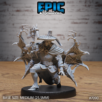 Kneeling vampire hunter in broad-brimmed hat and quilted armour, one knee down, raising a spiked staff, encircled by four large bat-winged shadow creatures with clawed wings and hollow eyes. Sculpt by Epic Miniatures.