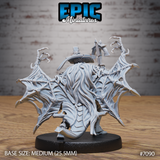 Vampire hunter viewed from behind, long flowing hair cascading down his back, encircled by four large bat-winged creatures with membranous clawed wings — staff raised above his shoulder. Sculpt by Epic Miniatures.